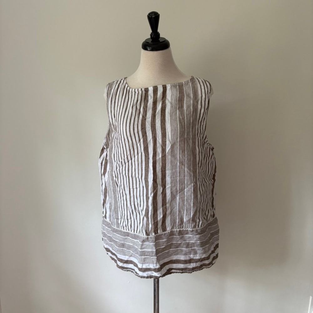 J. Jill Love Linen Striped Sleeveless Shell Top Brown White XL Ladder Lace Trim